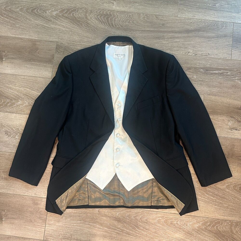 Men Black Suit Jacket Blazer 40S & White Ivory Paisley Tuxedo Vest Set 40S M